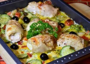 chicken, roulades, vegetables