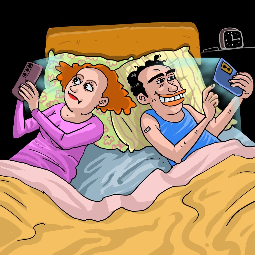 couple, smartphone addiction, bed